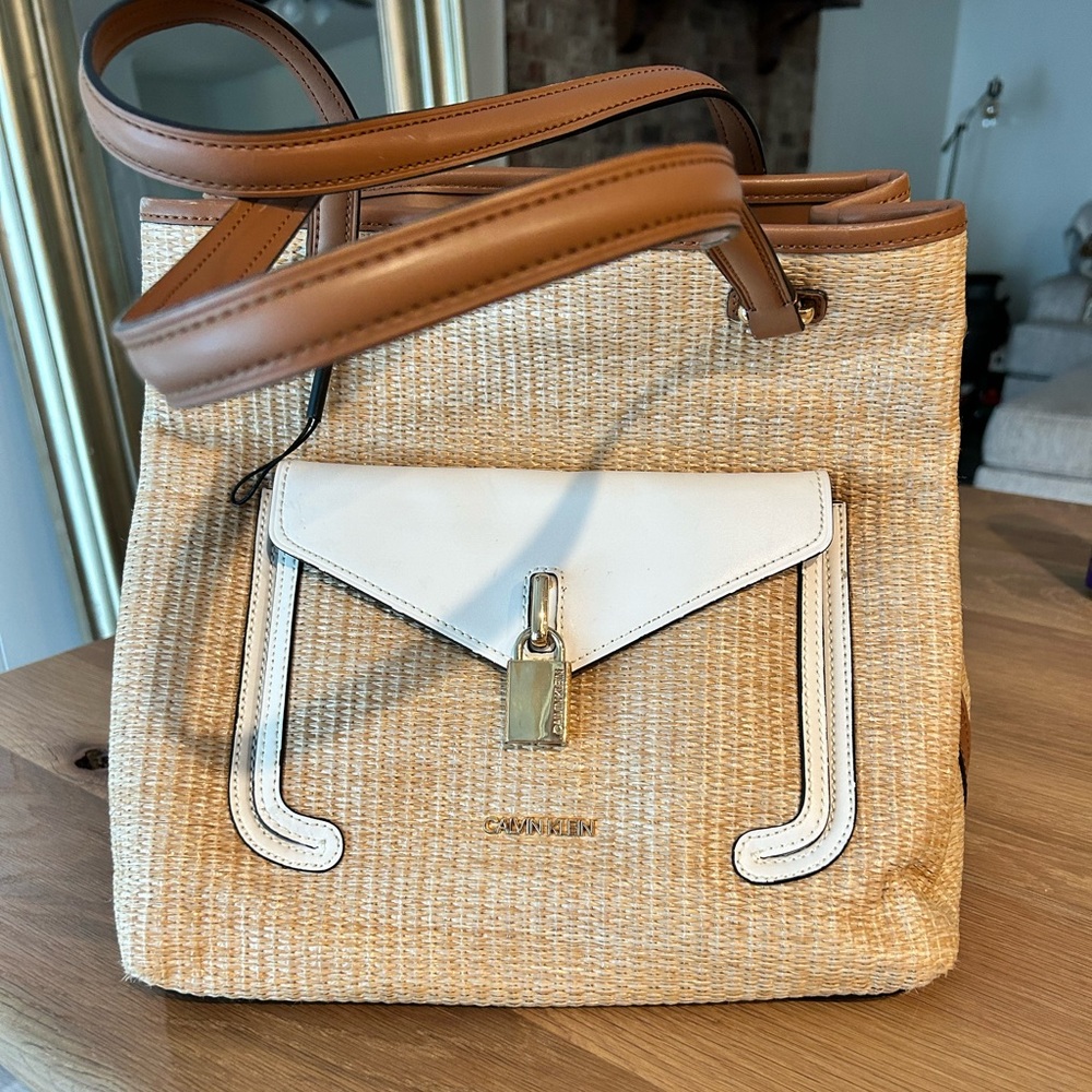 Calvin Klein Handbag, Natural with Brown Trim, H1ABLQM2